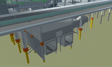 3D model - dvojice tunelů, vestibulu, estakády a budovy rozšíření Terminálu 2