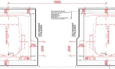 Příčný řez a geometrie dvojice hloubených tunelů v místě výklenků